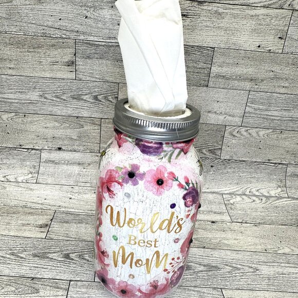 Handmade Decoupage Large Mason Jar Tissue Holder "World's Best Mom" - Picture 1 of 7